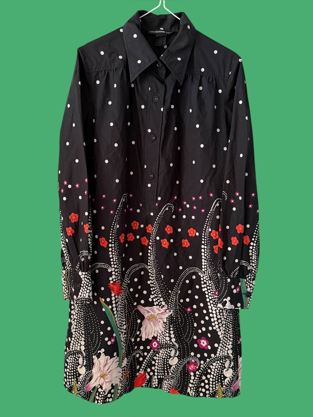 Vintage 90s Vivienne Tam Black Long Sleeve Printed Cotton Shirt Dress Size 3